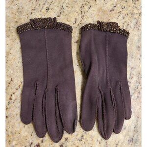 Vintage Size S Brown Cotton Gloves Beaded Bow Wrist